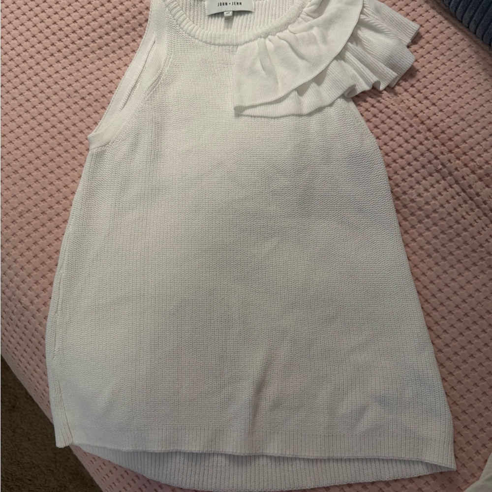 John + Jenn White Ruffle One Shoulder Tank Top